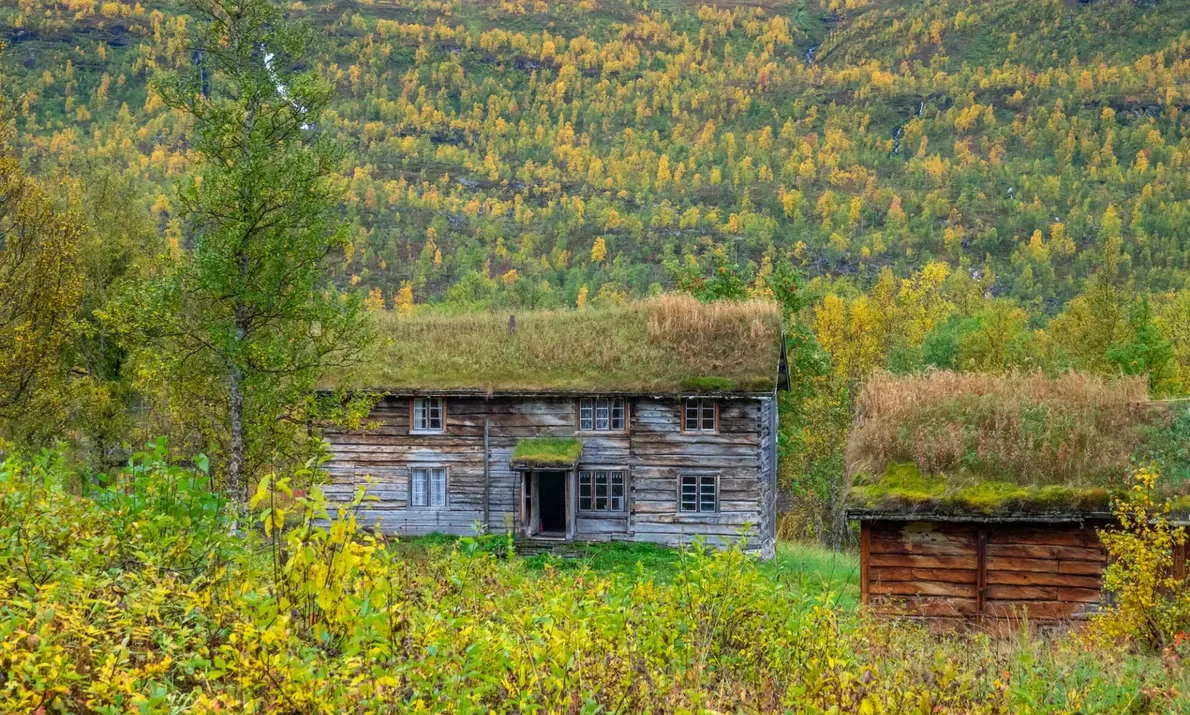 Gammelt tømmerhus med torvtak omgitt av høstfargede trær og vegetasjon, med et mindre uthus ved siden av og en åsside i bakgrunnen.