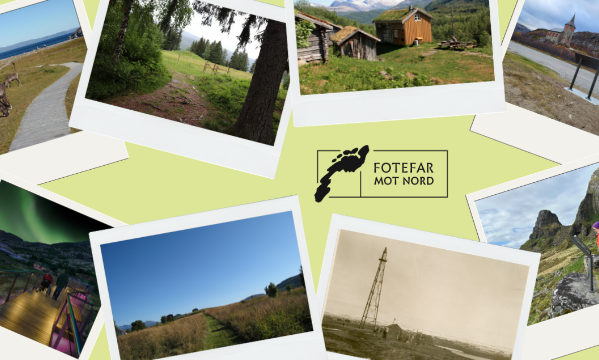 Kollasj med fotografier fra ulike kultur- og naturområder i Nord-Norge. Bildene viser turstier, landskap, kulturminner, historiske bygninger og naturopplevelser. I midten er logoen til Fotefar mot nord, omgitt av bilder som illustrerer prosjektets kombinasjon av friluftsliv, kulturhistorie og lokal arv.