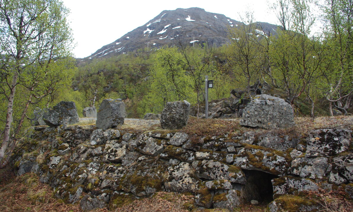 Gammel mur ved vei, større steiner langs veien over. Grusvei skimtes over muren og bak der noe skog, en fjelltopp og hvit himmel.
