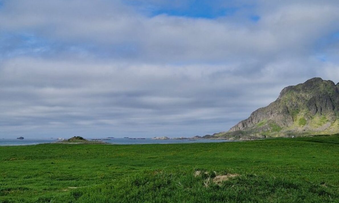 Gresslette i forgrunnen. Et lite fjell i bakgrunnen til høyre. Blå himmel med skyer over.