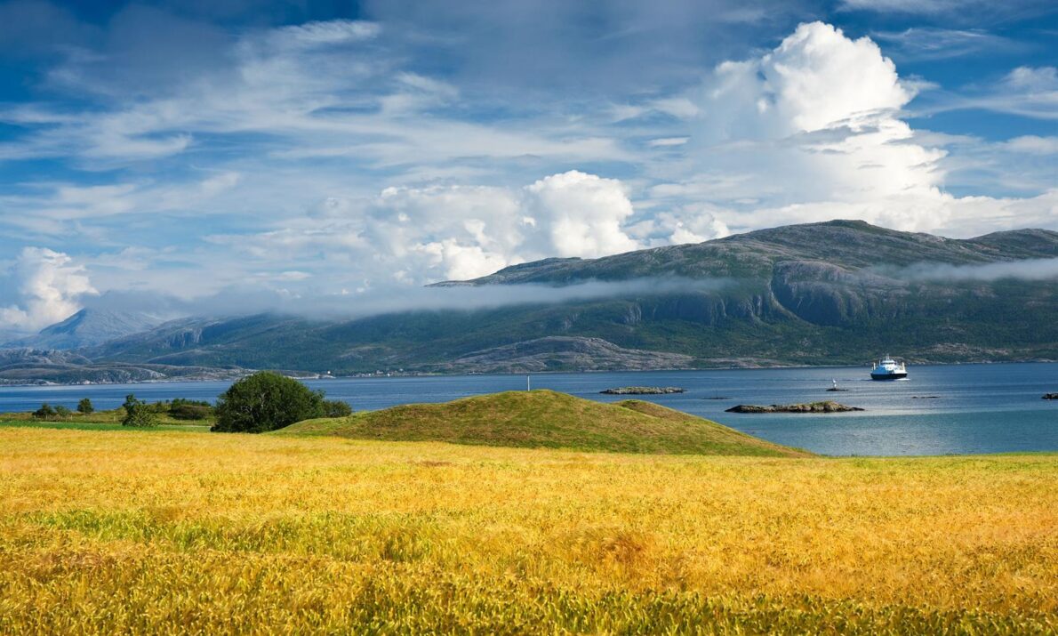 Eng med gule strå i forgrunnen. En stor gravhaug bak der. Så en fjord og lave, fjell med tett skog i bakgrunnen. Blå himmel med noen skyer.