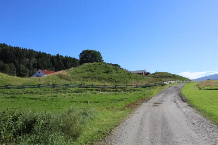 «Et landskapsfoto som viser en grusvei som slynger seg gjennom et åpent, grønt jordbruksområde. På venstre side ligger en gresskledd høyde med et hvitt hus i bakkanten, og skog dekker åsryggen lenger bak. Himme­len er klar og blå.»