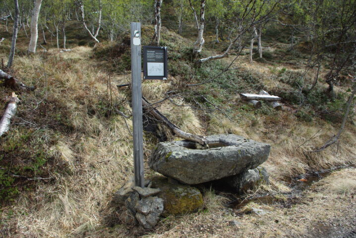 Gammel vanntrau i stein i midten og et informasjonsskilt til venstre.. Skogkledt landskap rundt.