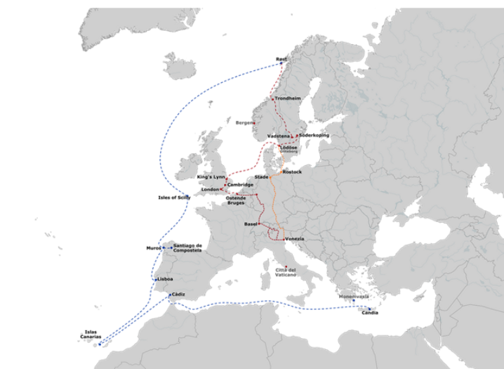 "Kart over Europa med rød markør og blå flyrute som viser reiseruten mellom flere byer."