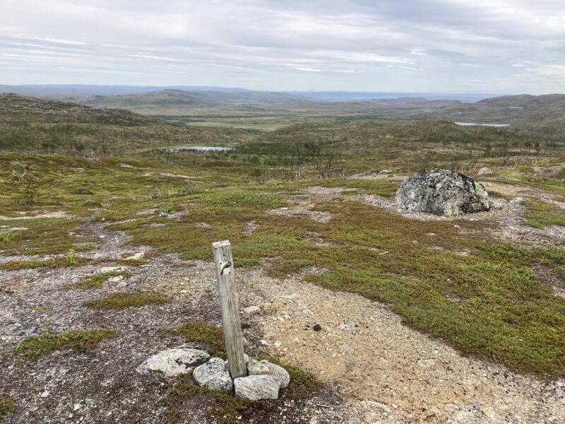 "Åpent landskap med grønn mose, steinrøyser og en trepinne midt i et vidstrakt, flatt område med fjell i bakgrunnen under en overskyet himmel."