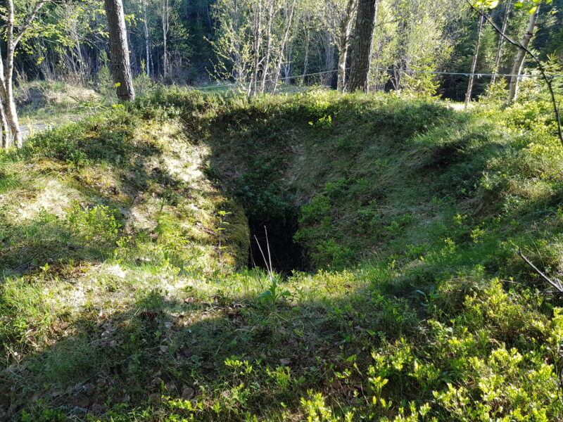 En større grop på bakken omgitt av grønne vekster og noen trær.
