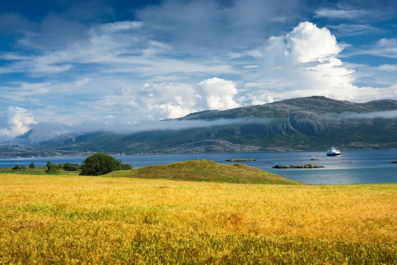 Eng med gule strå i forgrunnen. En stor gravhaug bak der. Så en fjord og lave, fjell med tett skog i bakgrunnen. Blå himmel med noen skyer.