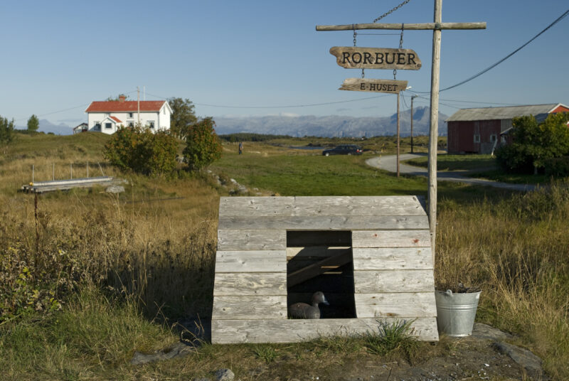 Lite hus til ærfugl i forgrunnen. Står på en eng med gress og strå. Et gammelt skilt rett bak huset og en bøtte ved isden av. I bakgrunnen  et hvitt hus med rødt tak, fjell og himmel.