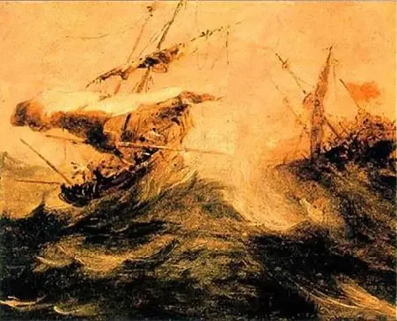 Dramatisk maleri som viser to seilskip i kraftig uvær. Skipene kastes rundt av høye, mørke bølger, og mastene står skjevt i vinden. Fargene er varme og duse, med et gyllent skjær som gir motivet et dramatisk og kaotisk uttrykk.