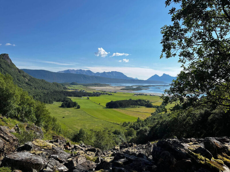 Landskapsbilde tatt fra et høyt utsiktspunkt, med steiner og mose i forgrunnen. Nederst i dalen ligger åpne grønne jorder omgitt av skog. Lenger bak skimtes vann, små øyer og en fjellkjede under en klar blå himmel. Et tre rammer inn motivet på høyre side.
