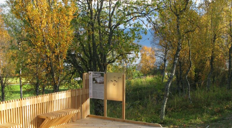 Utsiktsplattform i tre omgitt av høstfargede trær, med informasjonsskilt og fjell og vann synlig i bakgrunnen.