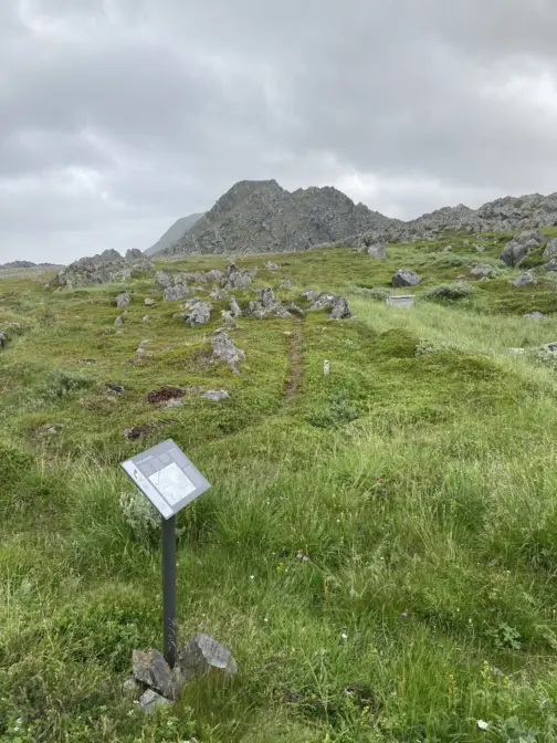 Bakke med gress opp mot en fjelltopp. Et lite skilt står helt fremst i bildet. Himmel med tett skydekke.